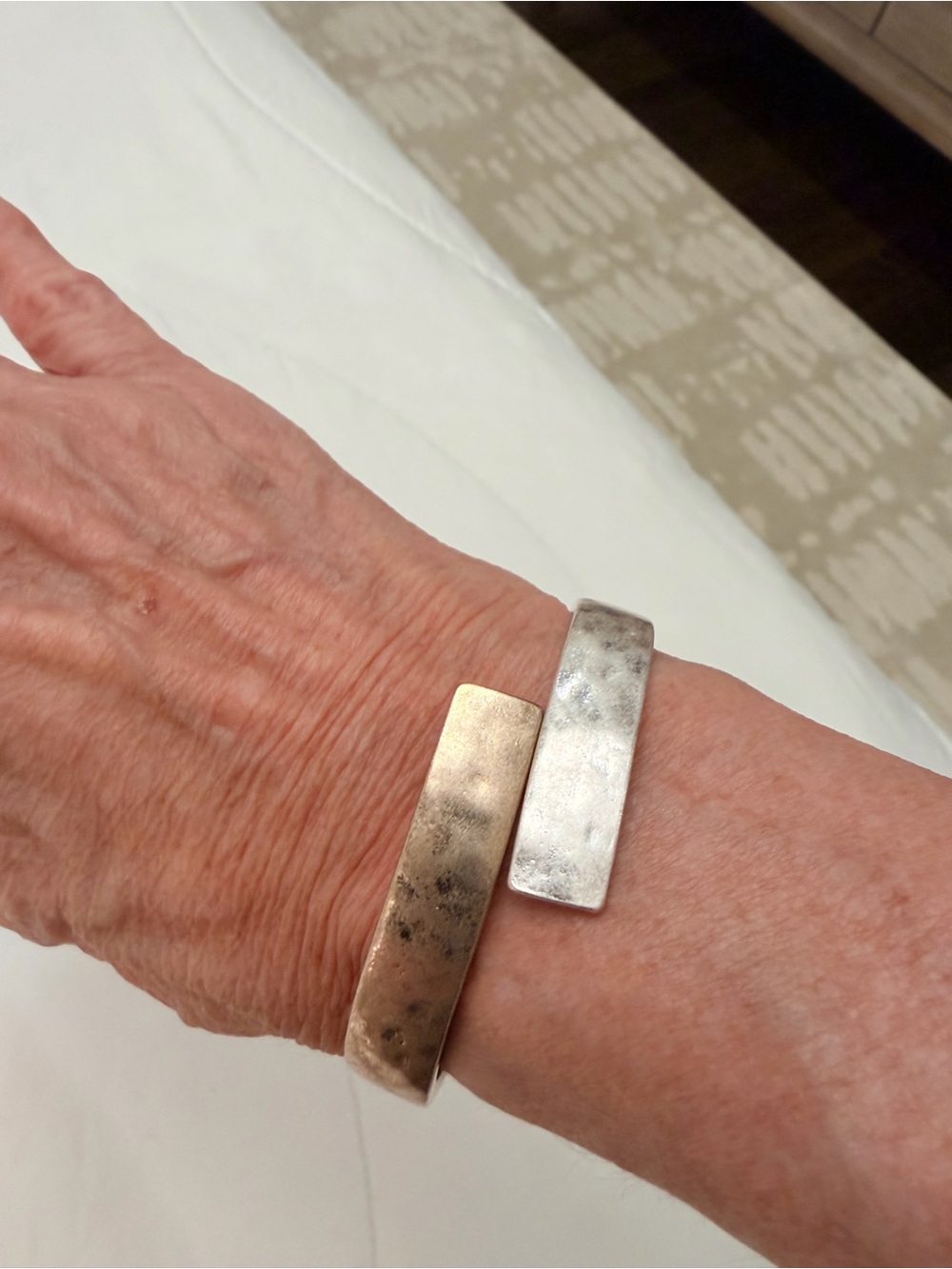 Two-Tone Hammered Metal Cuff Bracelet - Silver & Gold tones